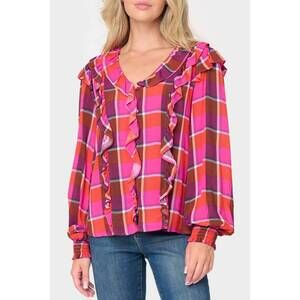 NEW GIBSONLOOK plaid ruffle detail long sleeve shirt in pink plaid